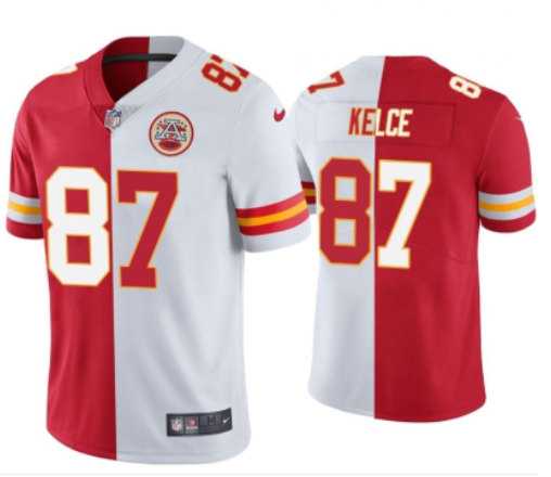 Mens Kansas City Chiefs #87 Travis Kelce Red & White Split Limited Stitched Jersey->kansas city chiefs->NFL Jersey